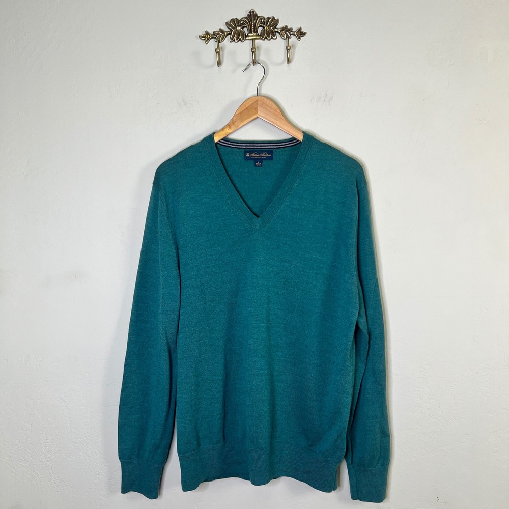 Brooks Brothers Sweater V-Neck Pullover Mens Size L Teal Green Merino Wool Soft